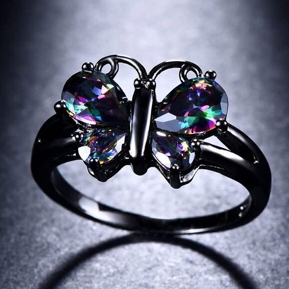 Black Gold and Rainbow Diamond Austrian Crystal Gothic Style Butterfly Ring - Picture 5 of 5